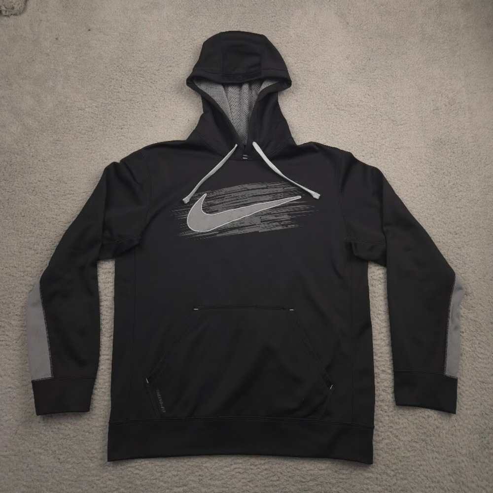 Nike Therma-FIT Hoodie Mens Medium Black‎ Gray Swoosh Pullover Fleece M